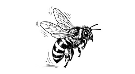 Detailed drawing of a bee in flight with visible wings and stripes.