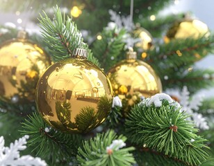 Realistic Close-Up of Decorated Christmas Tree with Ornaments and Lights — Festive Holiday Celebration Background