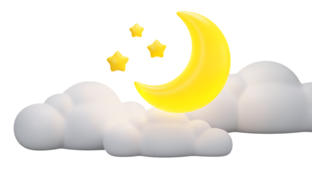 3d illustration of moon and stars with clouds isolated on transparent background in the night