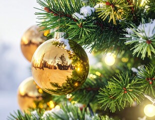 Realistic Close-Up of Decorated Christmas Tree with Ornaments and Lights — Festive Holiday Celebration Background
