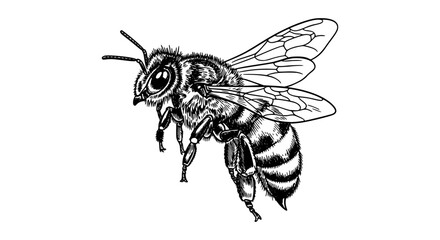 Detailed black and white drawing of a bee in flight, showcasing its anatomy and wings.