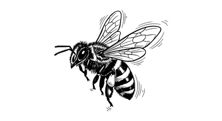 Detailed black and white drawing of a bee in flight with visible wings and striped abdomen.