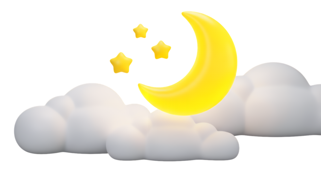 3d illustration of moon and stars with clouds isolated on transparent background in the night