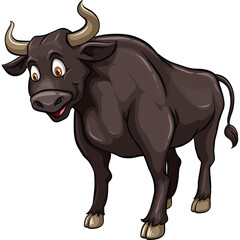 Brown cartoon bull standing with curious expression on transparent background
