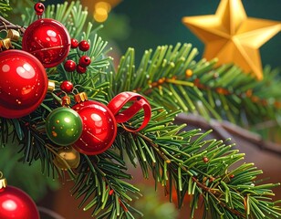 Realistic Close-Up of Decorated Christmas Tree with Ornaments and Lights — Festive Holiday Celebration Background