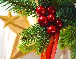 Realistic Close-Up of Decorated Christmas Tree with Ornaments and Lights — Festive Holiday Celebration Background
