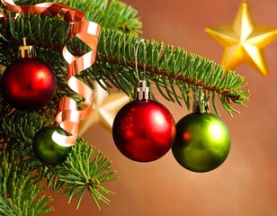 Realistic Close-Up of Decorated Christmas Tree with Ornaments and Lights — Festive Holiday Celebration Background