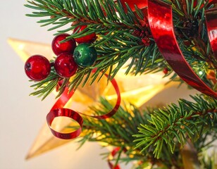 Realistic Close-Up of Decorated Christmas Tree with Ornaments and Lights — Festive Holiday Celebration Background