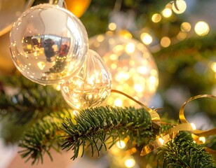 Realistic Close-Up of Decorated Christmas Tree with Ornaments and Lights — Festive Holiday Celebration Background