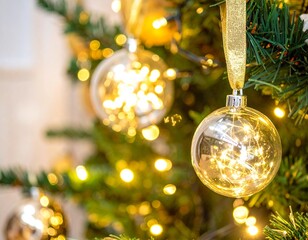 Realistic Close-Up of Decorated Christmas Tree with Ornaments and Lights — Festive Holiday Celebration Background