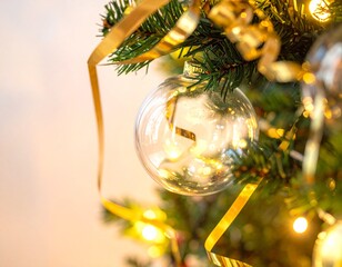 Realistic Close-Up of Decorated Christmas Tree with Ornaments and Lights — Festive Holiday Celebration Background