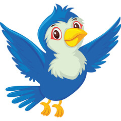 Cartoon Blue Bird With Yellow Beak Open Wings Flying Isolated On White Background Vector Illustration