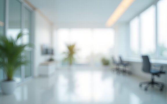 Abstract blurred modern workspace background, white indoor interior office or hospital with window and the light with copy space. Blurry backgrounds for advertising and business presentation.