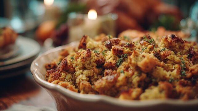 Close-up of stuffing served from a dish, golden brown, autumn-themed table, cinematic 8k