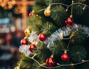 Realistic Close-Up of Decorated Christmas Tree with Ornaments and Lights — Festive Holiday Celebration Background