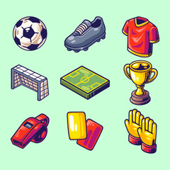 Football Sport Equipment Collection. Soccer Gear with Ball, Trophy, Field, Whistle, Gloves, and Cards. Set Element for Athletic. Game and Sport in Cartoon Colorful Color