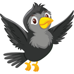 Cartoon Grey Bird With Yellow Beak And Orange Feet Flapping Wings In Joyful Flight With White Background