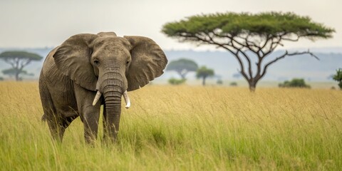 Fototapeta premium African Elephant in Tall Grass Portrait Composition, Wildlife Photography, Savannah Landscape, Kenya African Elephant, Wildlife Photography