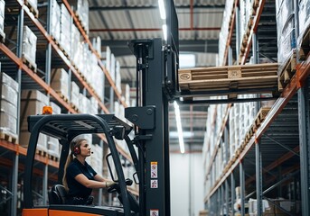 Female forklift operator lifting a pallet in a warehouse with high shelves full of boxes, showcasing industry and logistics in a modern setting.