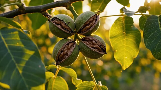 A cluster of four ripe walnuts split open on a tree branch with green leaves in the background