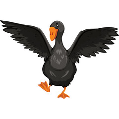 Obraz premium Cartoon Style Black Goose With Orange Beak and Feet Spreading Its Wings Wide Standing Against A White Background