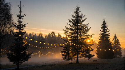 Winter dawn in foggy forest with glowing festive string lights