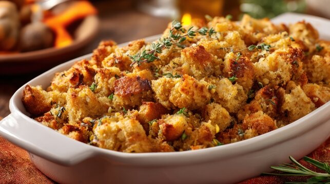 Close-up of stuffing served from a dish, golden brown, autumn-themed table, cinematic 8k