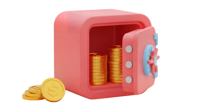 3d illustration of pink safe with gold coins isolated on transparent background, financial security
