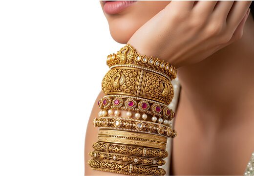 Close-up on a stack of ornate traditional Indian antique gold bangles and kadas on White ,Transparent(Png) Background
