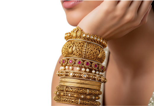 Close-up on a stack of ornate traditional Indian antique gold bangles and kadas on White ,Transparent(Png) Background