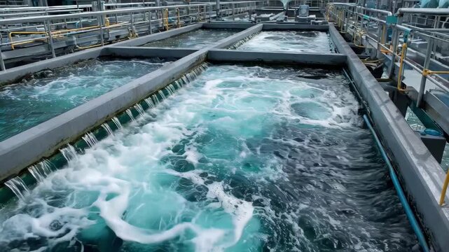 Medium shot capturing detailed views of settling basins and sludge removal as part of industrial wastewater purification systems.