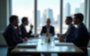 Blurred image of businesspeople in a conference room during a meeting, city view visible. High quality