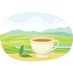 A Delicate White Tea Cup Filled With Warm Amber Tea Sits On A Wooden Surface With Lush Green Rolling Hills And Distant Blue Mountains Under A Cloudy Sky