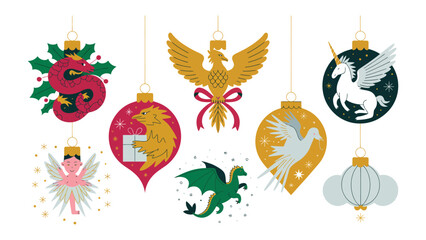 Festive Embellishments: Ornate hanging ornaments, a visual symphony of holiday spirit. A cluster of beautifully crafted ornaments hanging from golden strings.