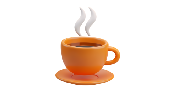 3d illustration of orange cup of hot coffee with steam isolated on transparent background
