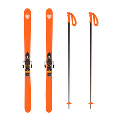 Pair of skis, ski poles. Winter sports accessories. Advertisement of ski school. Opening of new track. Ski resort flyer template. Color concept for web design