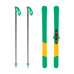Pair of skis, ski poles. Winter sports accessories. Advertisement of ski school. Opening of new track. Ski resort flyer template. Color concept for web design