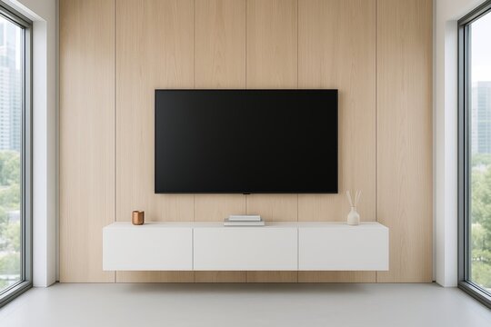 Modern minimalist living room interior with wall-mounted TV and floating cabinet in bright space with large windows and wood panel accent wall. Ai generative