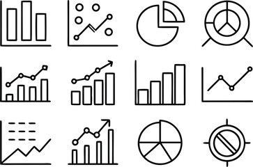 Hand drawn data charts and graphs outline icon set for business