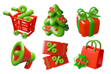 Christmas sale 3d icons set including shopping cart, gift bag, gift box, pine tree, discount coupons and megaphone decorated with percentage signs. Three dimensional vector illustrations set.