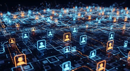 Abstract digital network of glowing human profile icons connected by luminous lines representing global connections