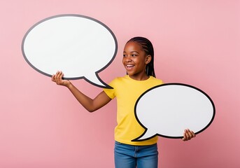 Smiling african girl holding blank speech bubbles against a pink wall, representing communication and dialogue in a bright and cheerful setting.