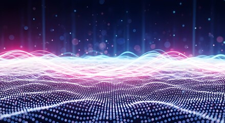 Abstract digital landscape with glowing neon waves and particles in a futuristic dark background