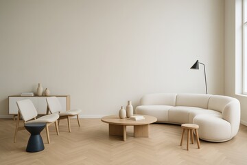 Modern minimalist living room interior with beige curved sofa, wooden furniture and soft natural lighting in a Scandinavian inspired concept space. Ai generative