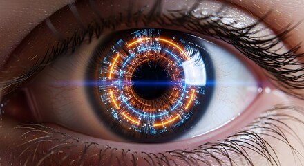 Close up of a human eye with a futuristic digital iris reflecting a glowing technological circuit pattern