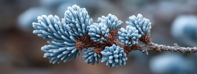 A branch covered in frosty blue leaves. The branch is covered in a layer of frost, giving it a cold and wintry appearance