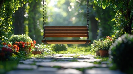 Naklejka premium Wooden swing hangs serenely in lush garden with stone path and dappled sunlight
