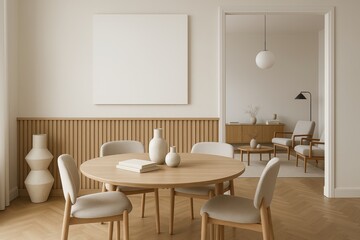 Minimalist dining and living room interior with wooden furniture and soft beige tones in modern Scandinavian design concept with warm natural lighting. Ai generative