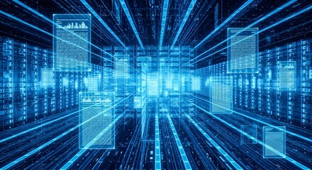 Abstract digital cityscape with glowing blue lines and data streams representing technology and innovation