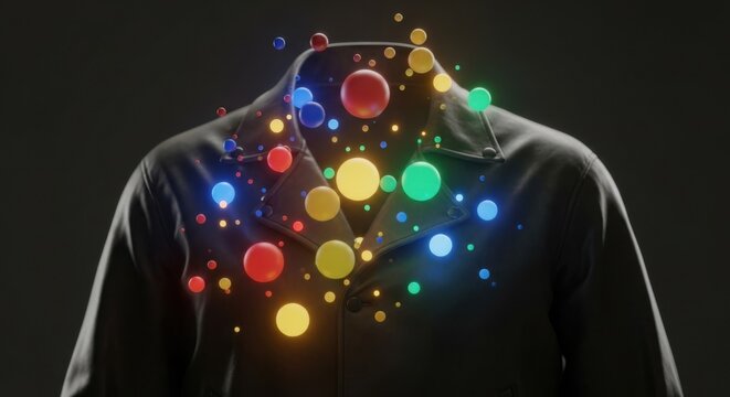 Leather jacket adorned with vibrant colorful spheres creates a modern abstract design art